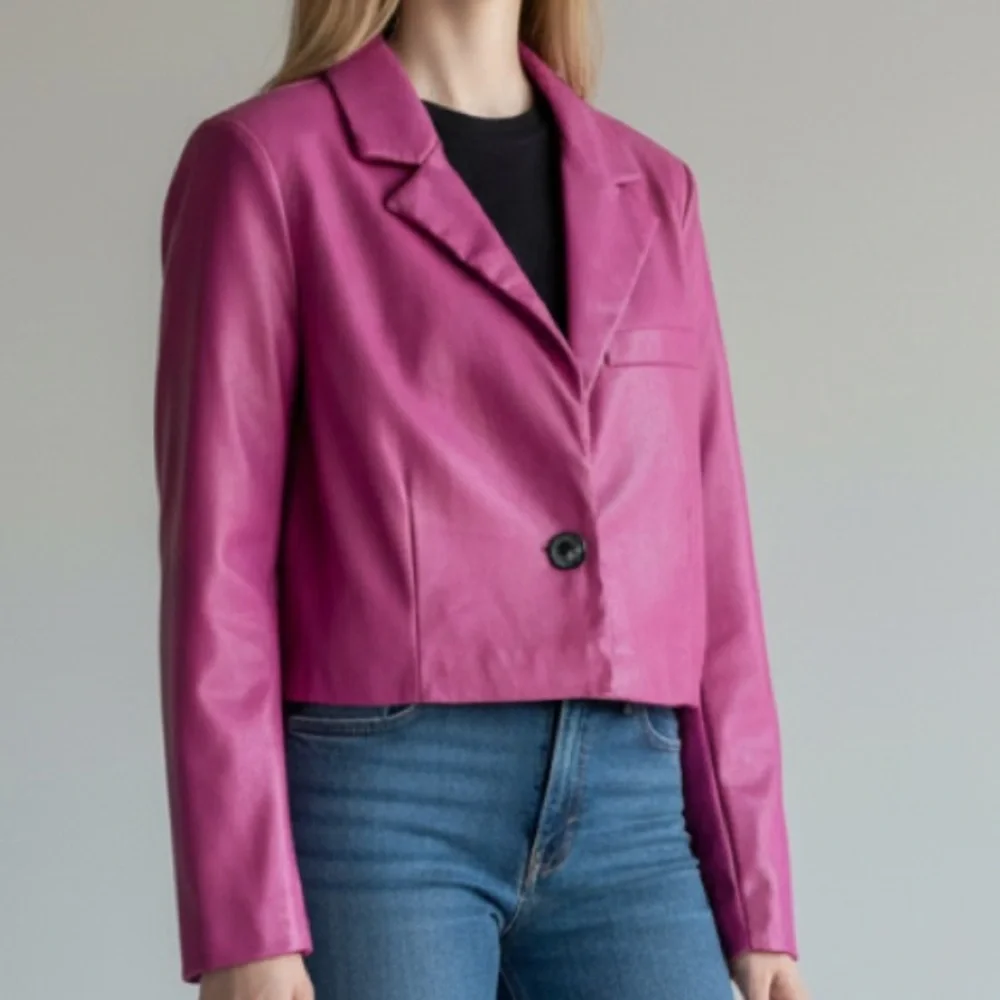 7 for All Mankind Pink Vegan Leather Cropped Moto Jacket